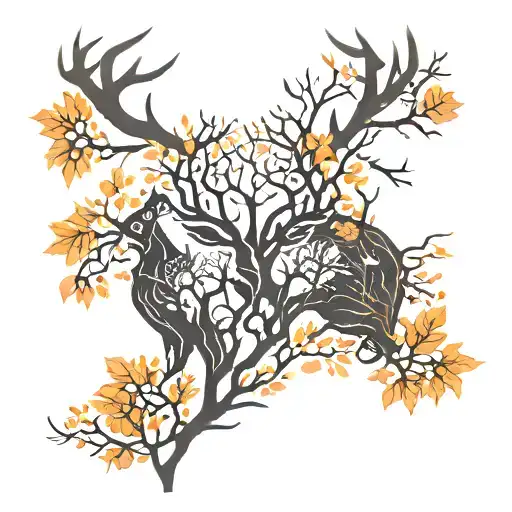 The Back Of A Deer Silhouette Filled With Trees And Branches