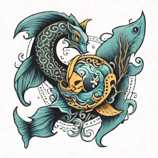 Tattoo Of Crescent Moon With Pisces Sign And Coi Fish