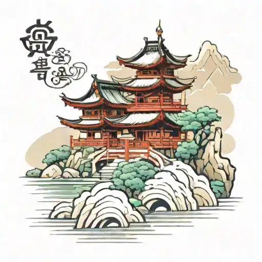 Asian Scenery Temple River Montain Minimalist Comics Style