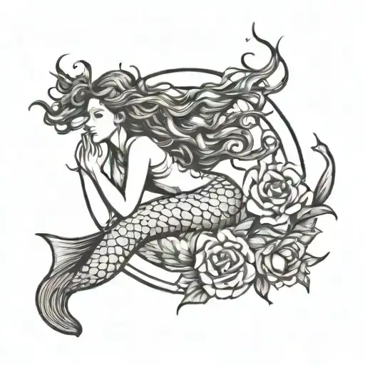 Black And White Line Work Mermaid Reaching For The Sun With A Rose In Her Hair No Background