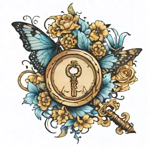 A Fairy Key With A Blue Butterfly Over It And Around The Japanese Death Flowers