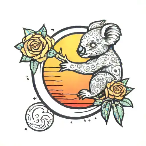 Sunset Tattoo With The Moon And A Stylized Koala Hugging The Moon