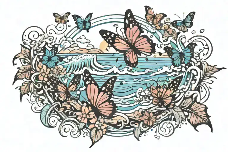 Beach Scene With Butterflies Exploding