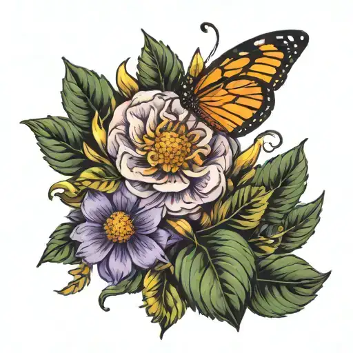 Floral Hip Tattoo With -Crescent Moon -Sun -2 Butterflies -Aster Flower -Violet -Rose -Marigold