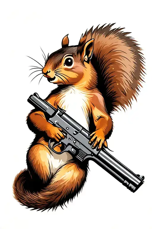 Squirrel Holding A Gun Neo Traditional Style Bold Outlines No Wool