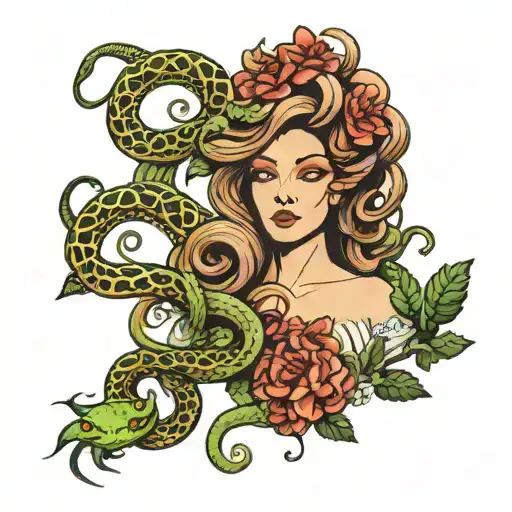 Medusa Gorgon And Flowers And Snakes