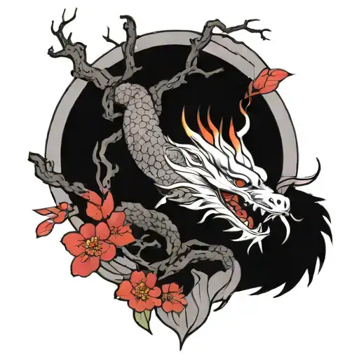 Japanesse Cherry Blossom Tree With Red Dragon In The Middle Breathing Fire