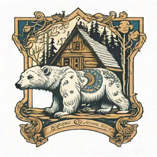 Polar Bear In Forest With Wooden House
