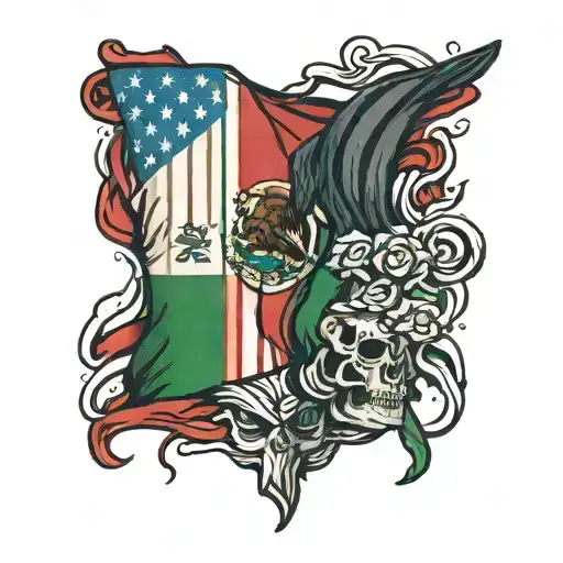 American Flag Ripped Into Mexican Flag Intertwined