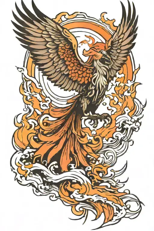 Full Sleeve Tattoo With Pheonix Bird On Mountain Top With Flames Majestic