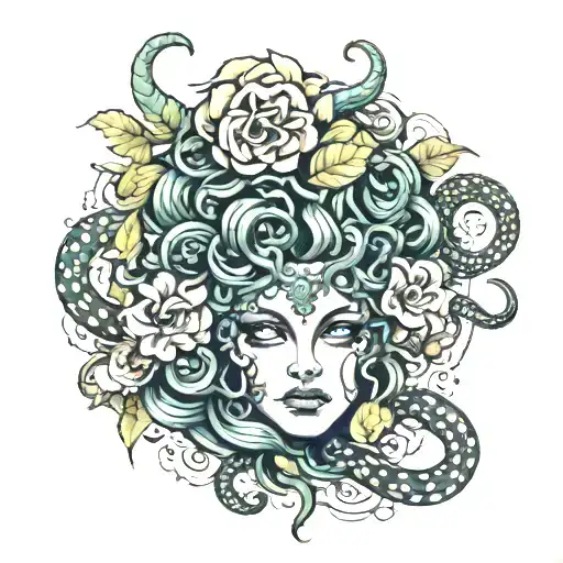Medusa Face With Flowers And Snakes And Skulls Surrounded