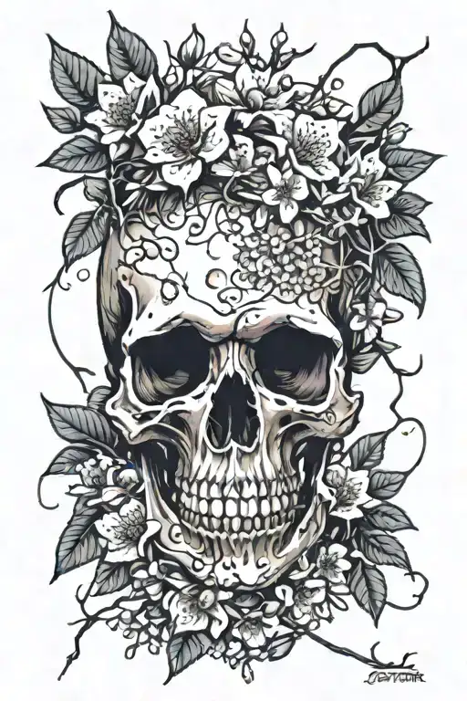 Skull On Bed Of Cherry Blossoms With Thorns In Between Blossoms