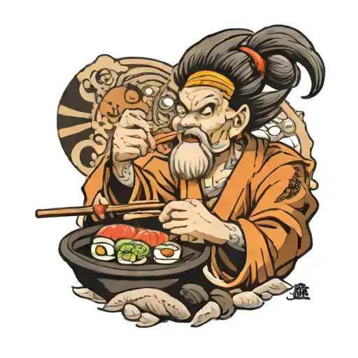 San Goku Eating Sushi And Listening Rock Music