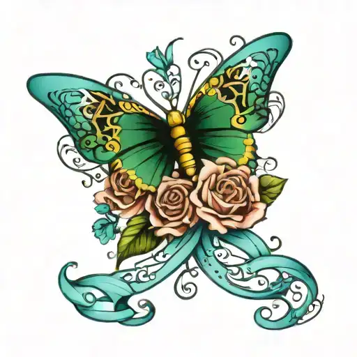 Half Green Half Blue Cancer Ribbon With Butterflies And Roses