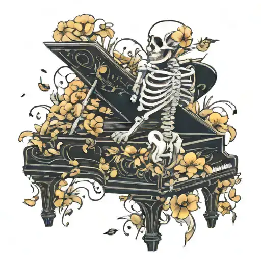 Skeleton Laying In A Flower Field While A Grand Piano Is Playing Music Notes Floating About It
