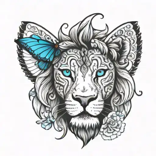 Black And White Small Lion With Blue Eyes And A Blue Butterful