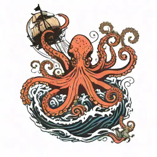 Giant Octopus Emerging From Ocean Attacking A Ship