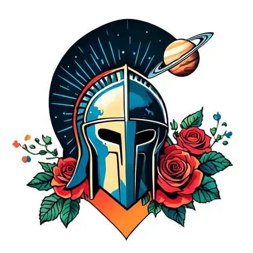 Spartan Helmet And Roses With Planets
