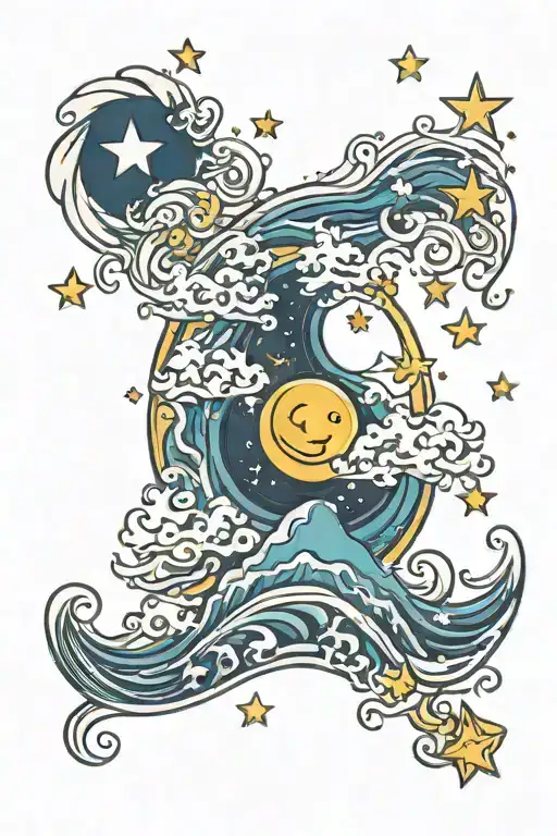 Waves And Moon Surrounded By Stars