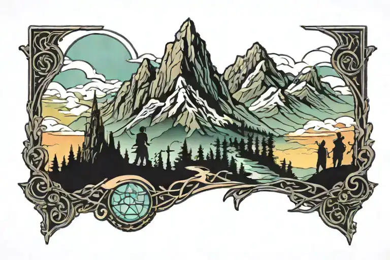 Lord Of The Rings With Fellowship Silhouette Mountain Background Bright And Colorful