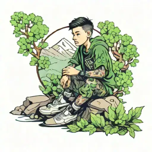 A Boy Sitting On Mountain With Greenary