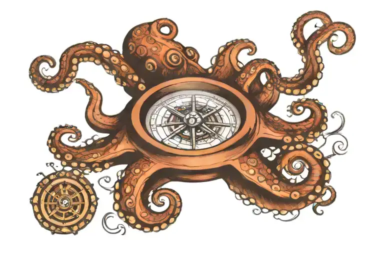 Big Compass Wrapped In Octopus With Long Tentacles