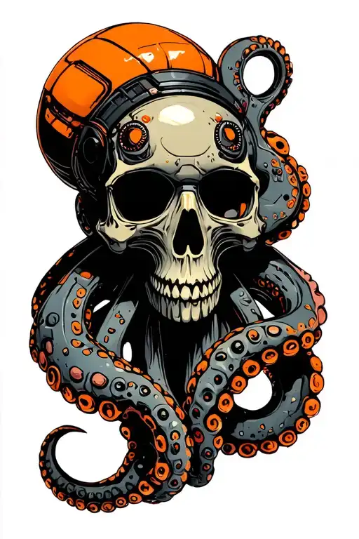 Horror Octopus Futuristic Robotic Skull Orange