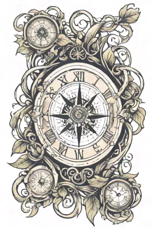 Compass Surrounded By Twisty Vines And A Clock Incorporated Into It