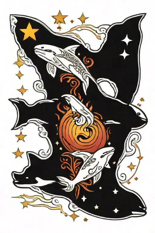 Pisces Symbol With A Polar Bear And An Orca Swimming In The Night Sky