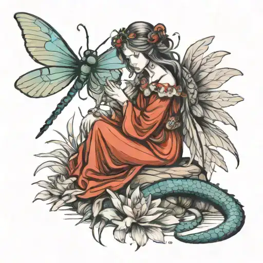 Renaissance Fairy Kneeling Down With Dragon Fly Landing In The Palm Of Her Hand