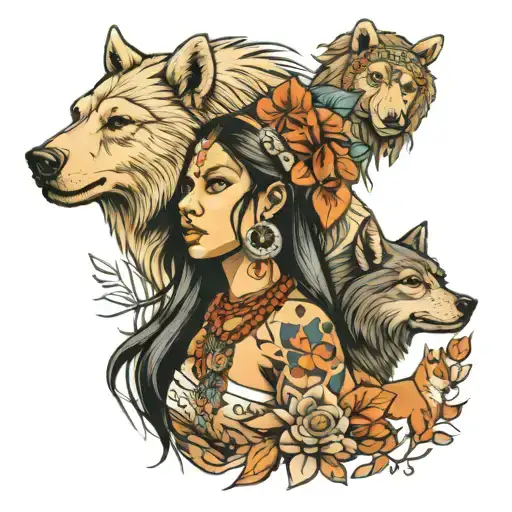 Indian Women And Bear And A Wolf
