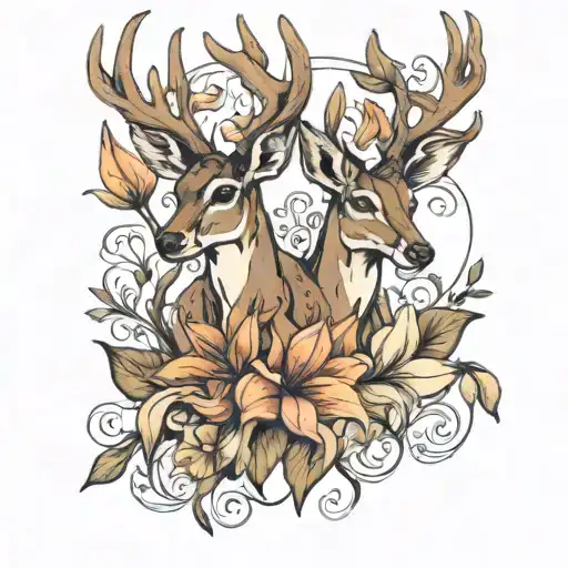 Buck And Doe Surrounded By Lily Flowers