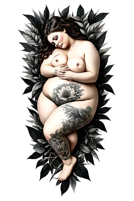 Nude Bbw Chubby White Girl Frontal Side Laying Pose In Foliage Black And Grey