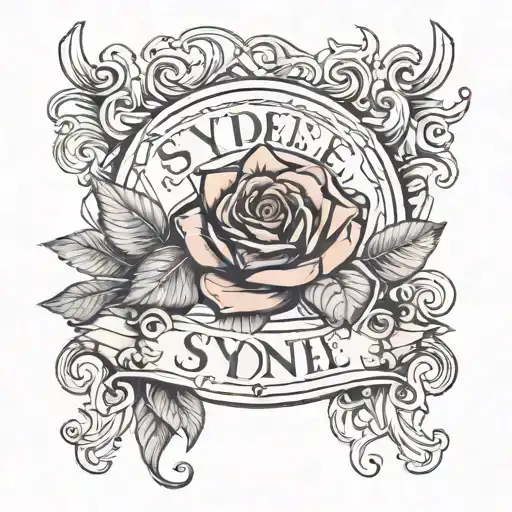 Tattoo Between The Breast With The Name Sydnee And A Fallen Rose Going Vertically