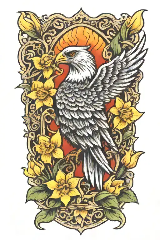 Flaming Hawk Surrounded By Daffodil