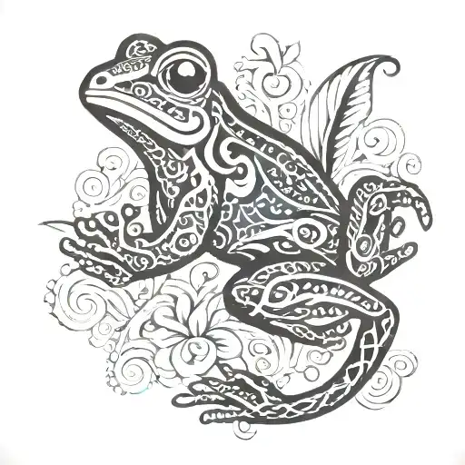 Coqui Frog Taino With Musical And Floral Patterns Around It