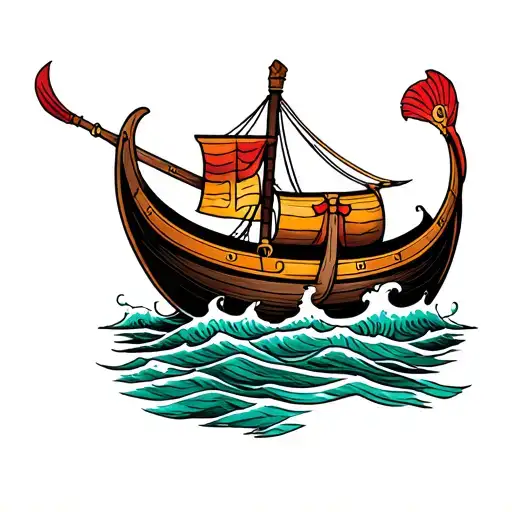 Viking Longboat With Waves And In Color