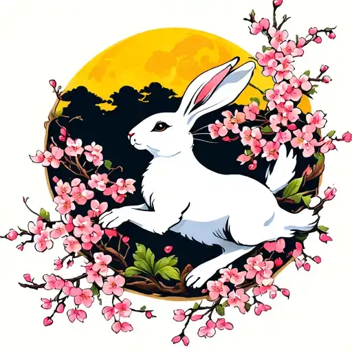 A White Hare Leaping With Cherry Blossoms And A Yellow Moon Behind It