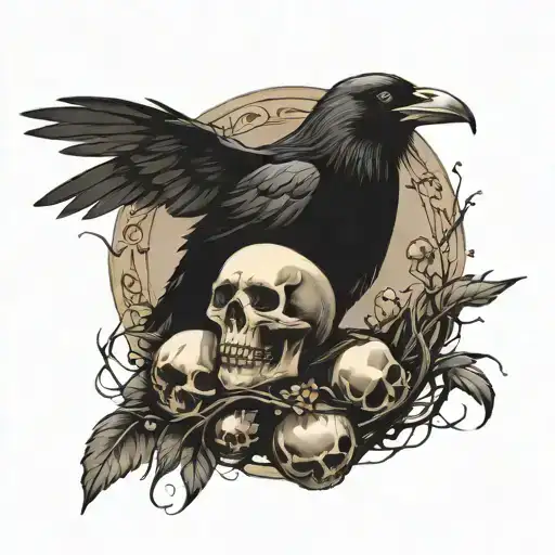 Raven Sitting Upon A Nest Of Skulls