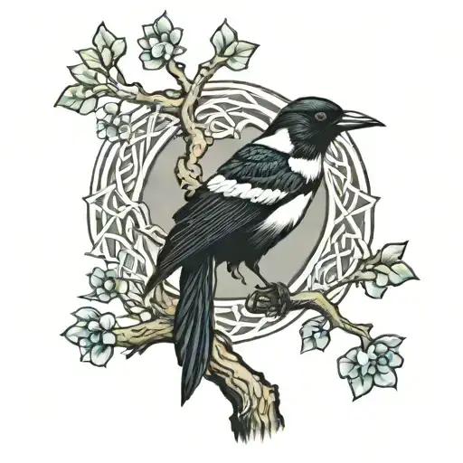 Small Magpie Perched In A Large Tree Of Celtic Knots