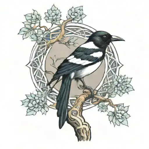 A Small Magpie Perched In A Large Tree Made Of Celtic Knots