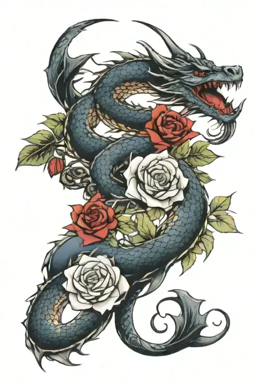 Dragon And Roses Wrapped Around Hip And Thigh