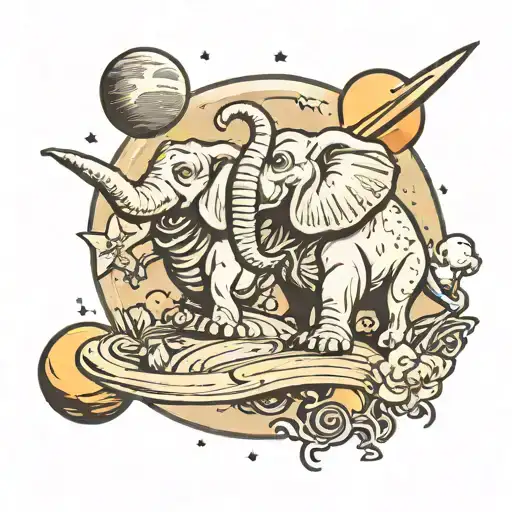 Elefant And Dino On A Planet Saturn