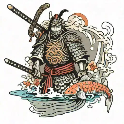Samurai With Koi Fish Armour Standing With A Katana In Water