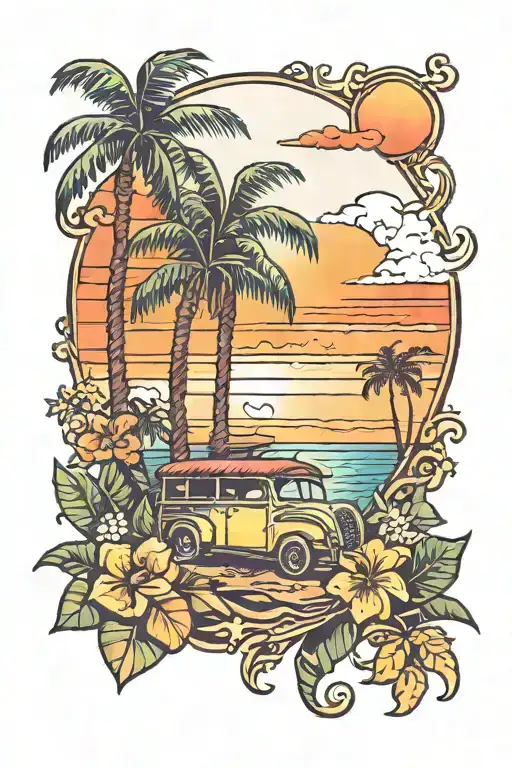Tropical And Palm Trees And Sunset
