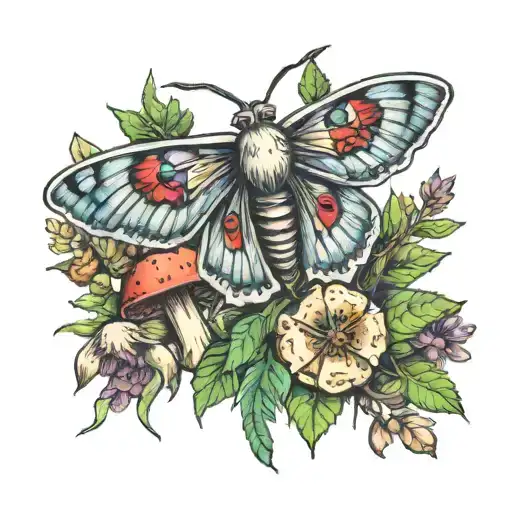 Moth And Mushrooms And Marijuana Plant Growing