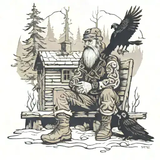 Man Sitting In The Woods By A Fire And Cabin Who Is Greeted By Odin And His Ravens