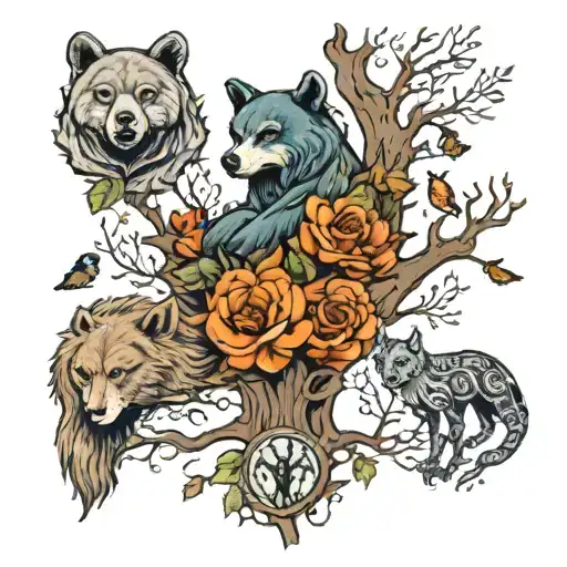 Bear And Wolf And Owl And Doe And Butterflies Around Tree Of Life