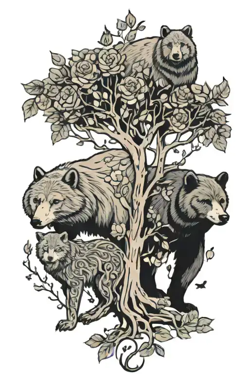 Bear Walking With A Wolf And A Female Dear With A Owl And Butterflies Under The Tree Of Life