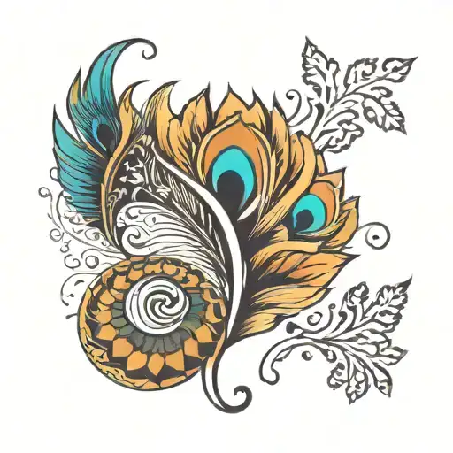 Tattoo With Name Written 'Aastha ' And Peacock Feather And Flute